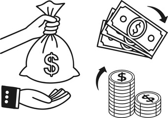 Illustrative Depiction of Financial Transactions with Money Bag Currency Notes and Coin Stacks in Black and White Outline