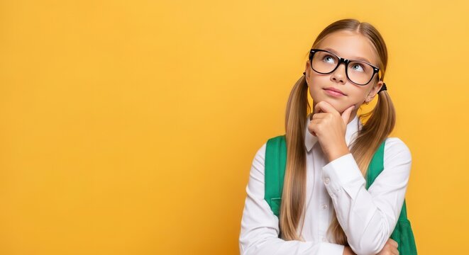 A young girl with glasses and pigtails is thinking, with her hand on her chin, against a yellow background.