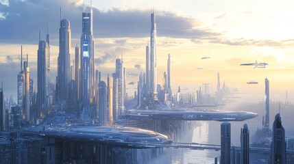 Futuristic 3d illustration of a modern cityscape with advanced architecture, high-tech skyscrapers, and innovative urban design featuring futuristic technology, digital infrastructure, and sci-fi insp