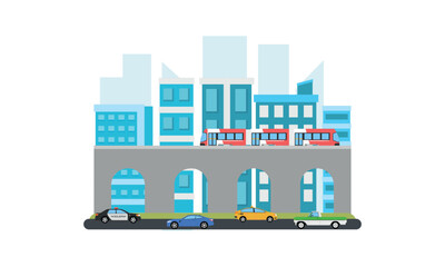 Obraz premium 2D Traffic city with building view landscape, flat design illustration background, side view, more car and train