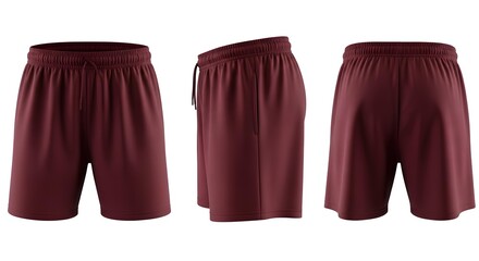Maroon sport shorts mockup in front, side, and back view. Blank athletic apparel template isolated on white background for design presentation.