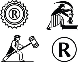 Intellectual Property Icons Representing Copyright Law and Legal Concepts with Figures Wielding Mallet and Seal