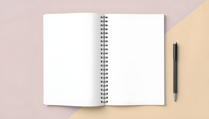 Blank spiral notebook with pen on minimalist background  