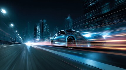 Fototapeta premium Driving Car at Night in a City with Blurred Motion Effect
