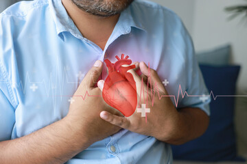 Man suffering from chest pain, holding heart area, heart attack warning concept with heartbeat graph overlay, cardiovascular disease risk, medical emergency illustration.
