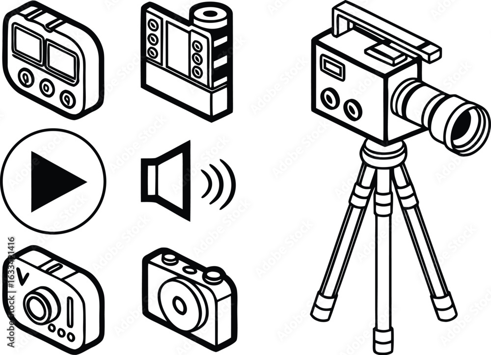 Poster isometric style media content creation tools and devices for video production and sound recording eq