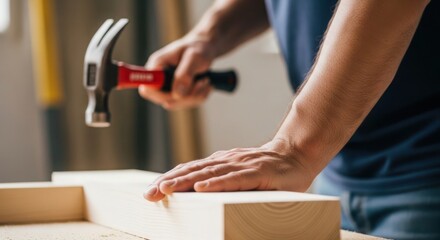 A person's hands hammering a nail into a wooden plank at a workshop.