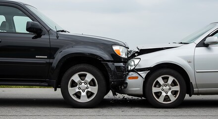 Car accident between black SUV and silver sedan showing damage and potential insurance claim scenario outdoors
