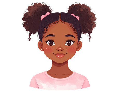 Portrait of a smiling Black girl with afro puffs pink bows and freckles.