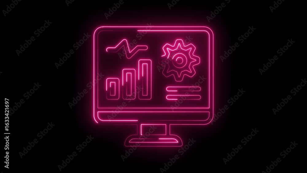 Poster vibrant pink neon computer monitor displaying financial analytics bar chart heartbeat waveform and g