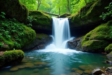 Fototapeta premium Serene waterfall cascades over mossy rocks into a lush green forest stream , flowing water, green, fall