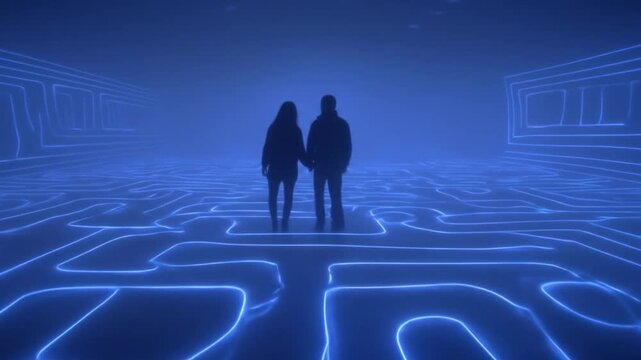Couple explores futuristic neon maze with holding hands in a digital world.