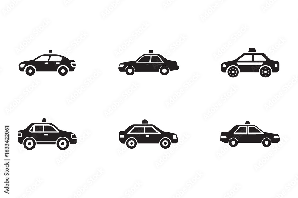 Poster collection of taxi cab icons and car vector graphics with different styles and designs on white back