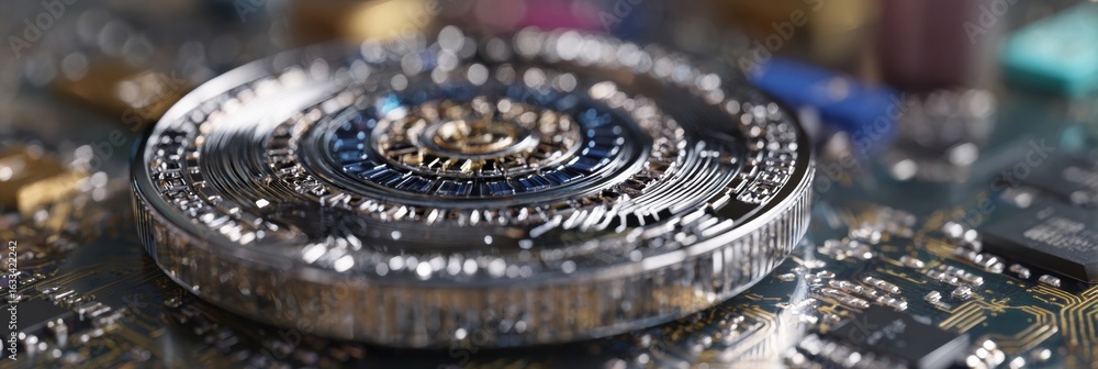 Poster detailed close-up view of a metallic circular object set against a background of intricate electroni