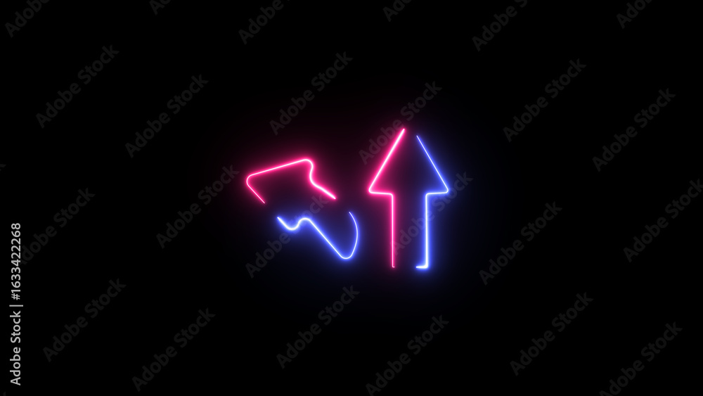 Poster left and up direction neon arrow icon on the black background. arrow points to left and up.