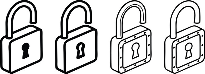 Line Art Padlock Collection Security and Privacy Icons in Isometric Style Representing Cyber Security Concepts and Data Protection Measures