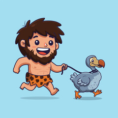 cute Caveman Running with a Dodo Bird on a Leash. vector illustration © Bara Shofiyan 