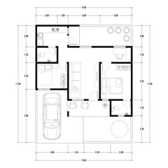Black and White floor plan of a modern unfurnished house for your design. Suburban house vector blueprint. Architectural background.