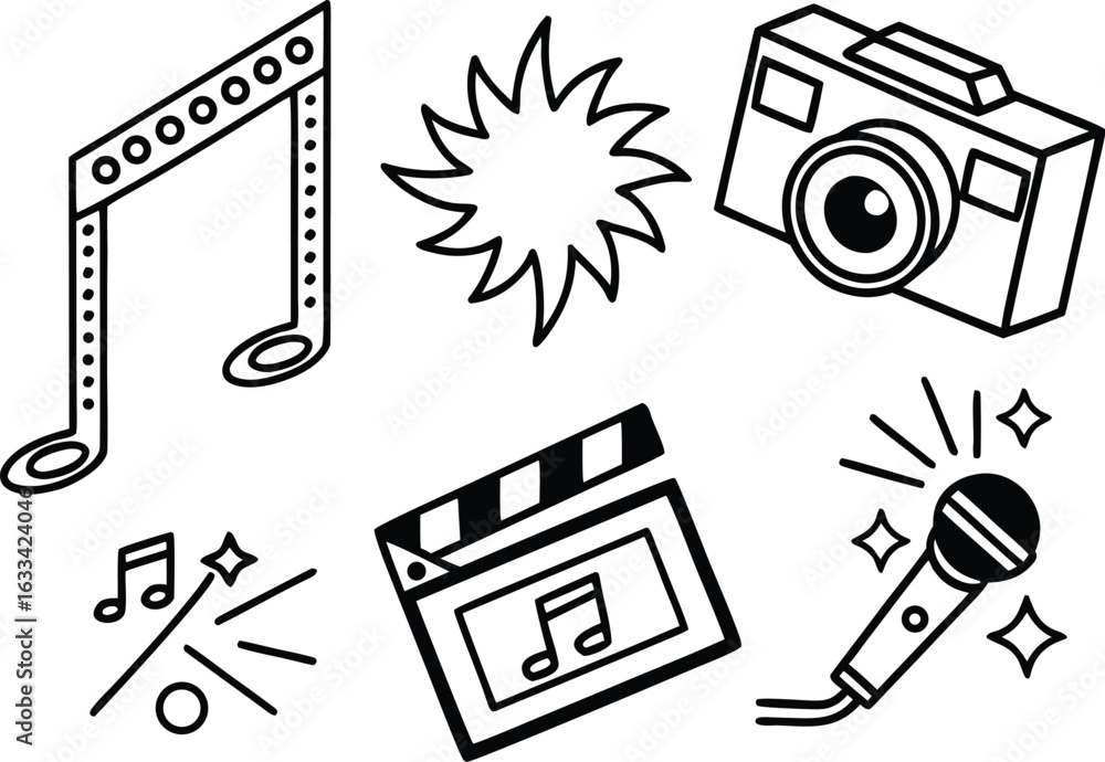 Poster media and entertainment icons collection of musical notes microphone camera clapperboard and spark b