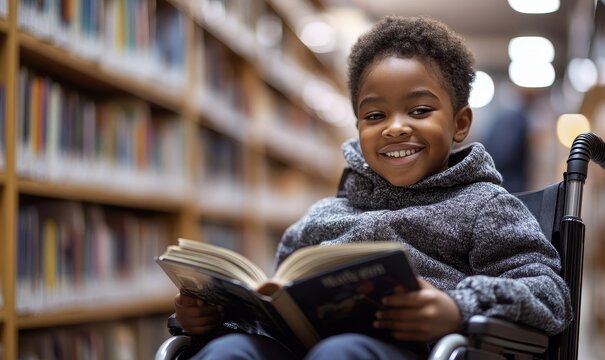 Inclusive candid image of a happy disabled Black school child sitting in a wheelchair reading a book in a library, promoting equality, diversity, and inclusion in education, Generative AI