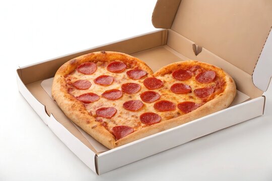 Heart shaped pepperoni pizza in a cardboard box isolated on white background