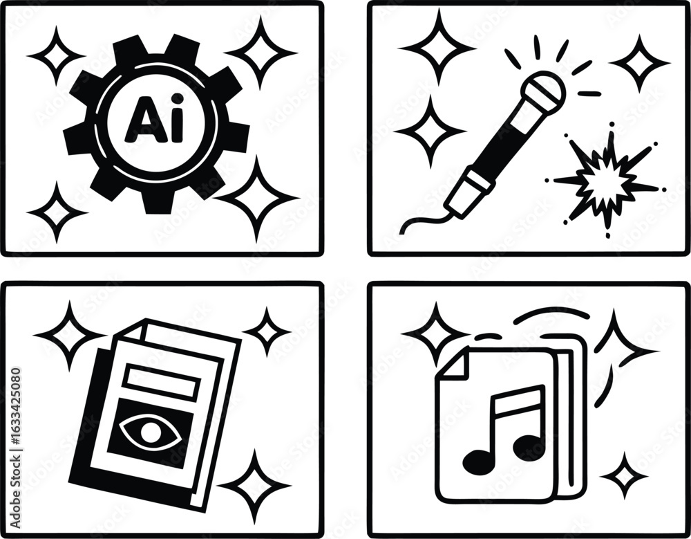 Aufkleber modern icon set featuring artificial intelligence microphone data and audio files for creative conte