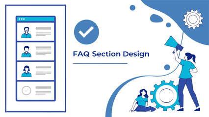 Modern faq section design with people megaphone and gears illustrating communication and problem solving