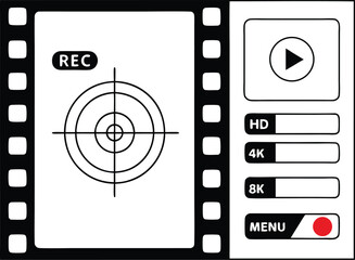 Modern video recording interface design in black and white showing display menu and recording options for filmmakers and content creators