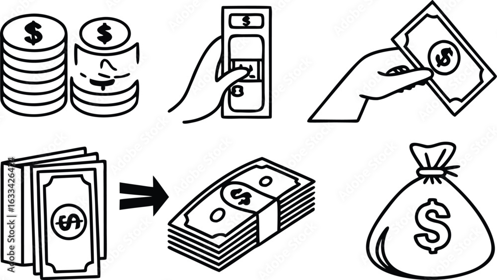 Poster Money and Finance Outline Icons Collection Various Forms of Currency and Transactions Represented in Simple Black and White Line Art