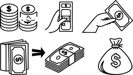 Fototapeta premium Money and Finance Outline Icons Collection Various Forms of Currency and Transactions Represented in Simple Black and White Line Art