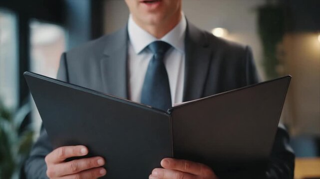 A businessman in a suit holding an open black folder with documents