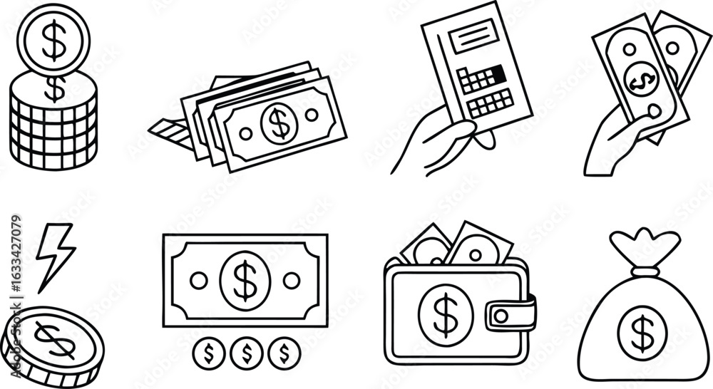 Poster money finance and investment icons with stack of coins paper currency and wallet for business and ba