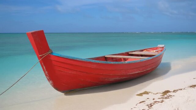 Rotes Holzboot am tropischen Strand &ndash; Karibisches Meerespanorama