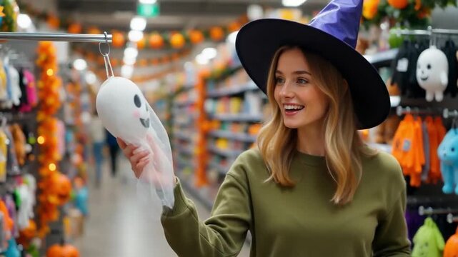 Happy Woman Halloween Shopping for Festive Decorations in Supermarket Aisle