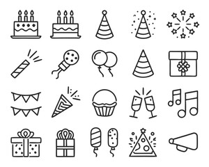 Fototapeta premium Collection of linear birthday celebration symbols including a cake balloons and candles presented as a graphic element isolated on transparent background