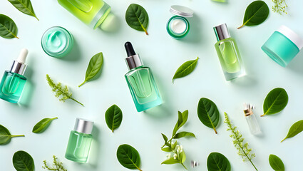 Beauty makeup brushes and palettes with a set of isolated cosmetic bottles and nail polish