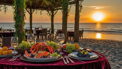A decadent table with grapes, lobster, food canopy, beach sunset, affluent spread, posh food, fine dining, rich decor, expensive table, velvet tablecloth, exotic fruits, and a romantic ambiance.
