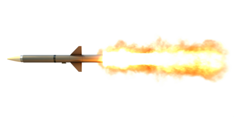 Missile firing with fiery exhaust isolated on a transparent background guided missile