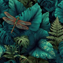 Tropical leaves and dragonfly, dark teal and emerald