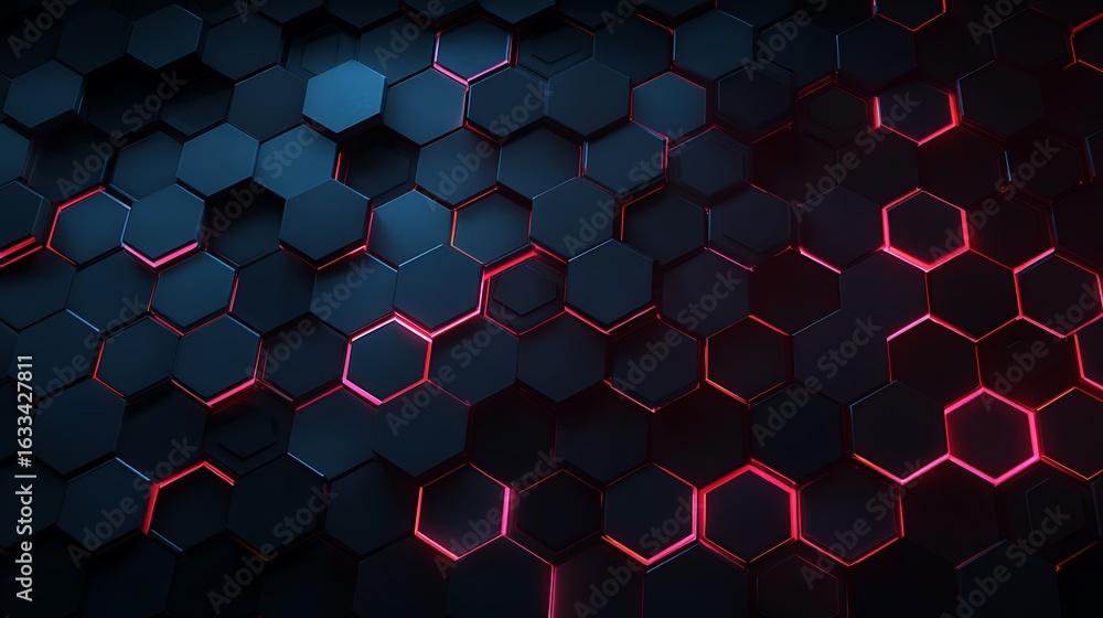 Aufkleber Abstract Hexagon Pattern with Red Light Glowing Edges