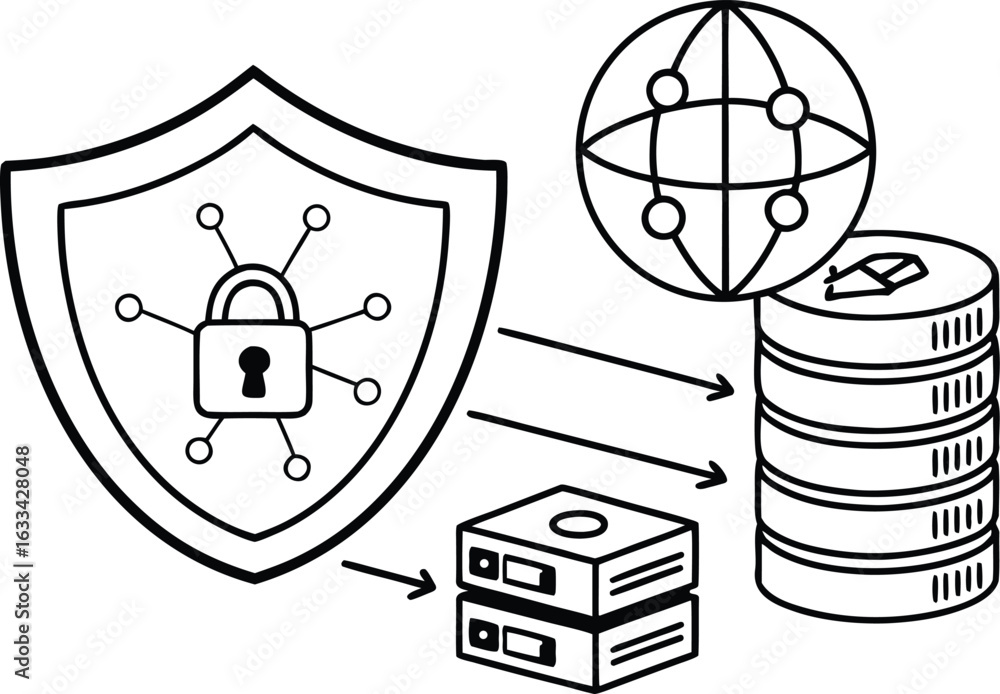 Poster network security illustration with shield lock globe and servers depicting data protection and cyber