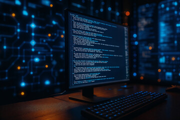 Cybersecurity Software Code: Futuristic Blue Digital Interface on Desktop Computer