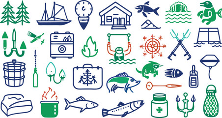 Obraz premium Assortment of Nature and Outdoor Recreation Icons in Green Blue and Orange trees forest