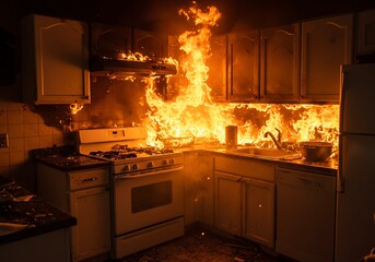 深夜のキッチン火災 炎上する台所