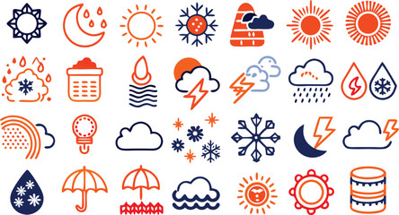 Collection of weather icons in blue and orange including sun moon rain snow clouds and lightning forecast