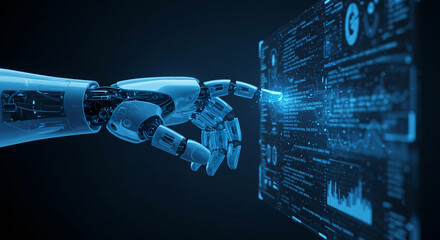 Robotic Hand Interacting with Futuristic Blue Data Interface: AI, Technology, Innovation Concept