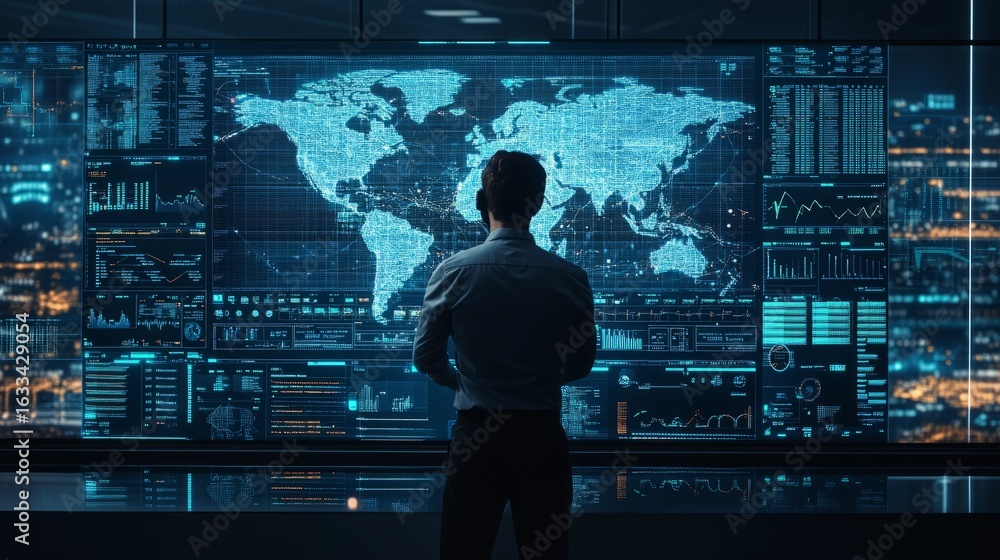 Poster technician standing in front of large digital interface displaying complex network operations, globa