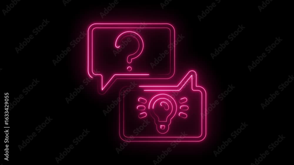 Poster glowing pink neon question mark inside speech bubble next to lightbulb icon representing communicati