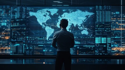 Technician standing in front of large digital interface displaying complex network operations, global connectivity maps, and data analytics in a high-tech control room for modern information technolog