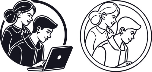 Online Education and Collaboration Depicted in a Simple Vector Illustration Showing Two People Looking at a Laptop Screen Together